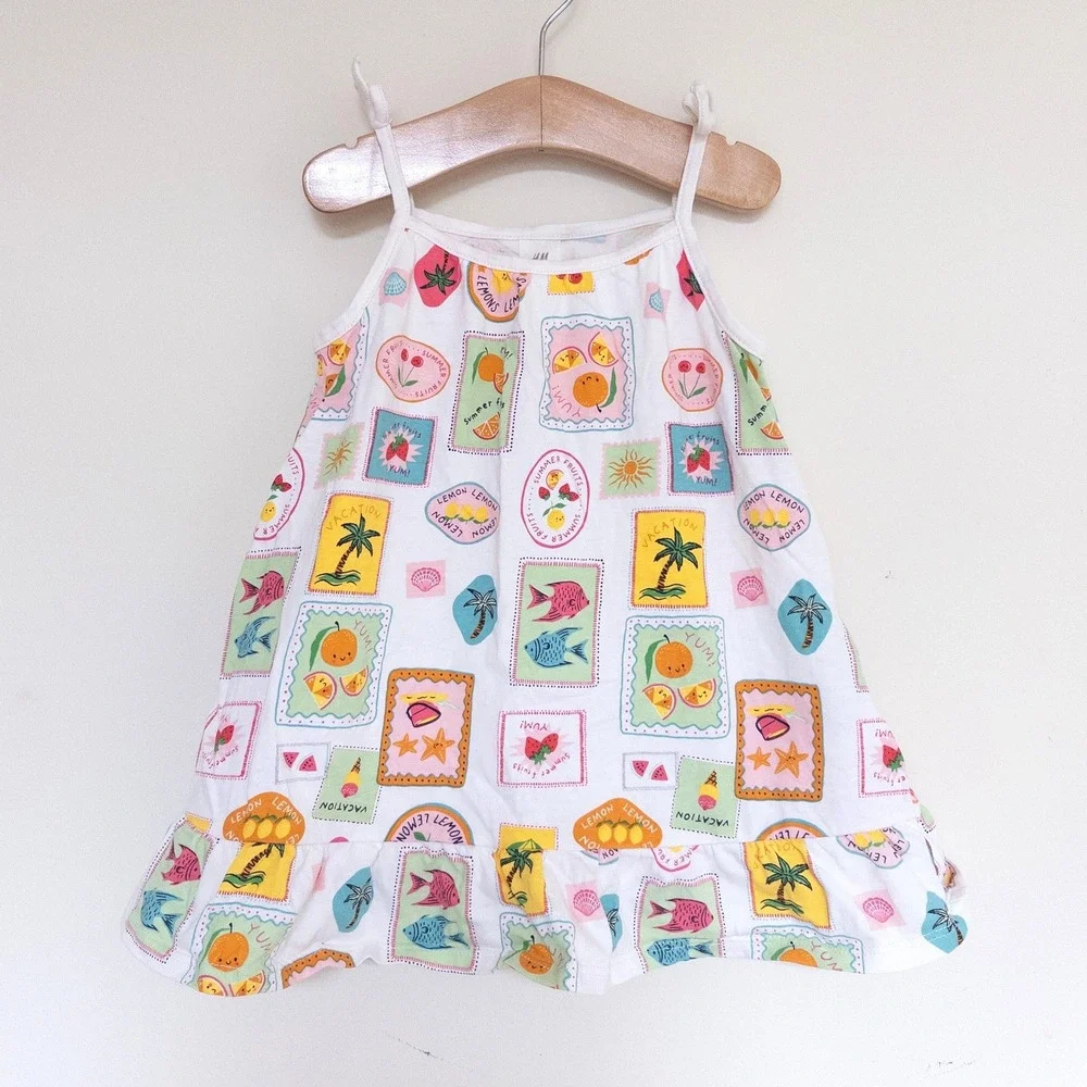 H&M Dress White Summer Fruit Tropical Stamp Print Baby 12 Months